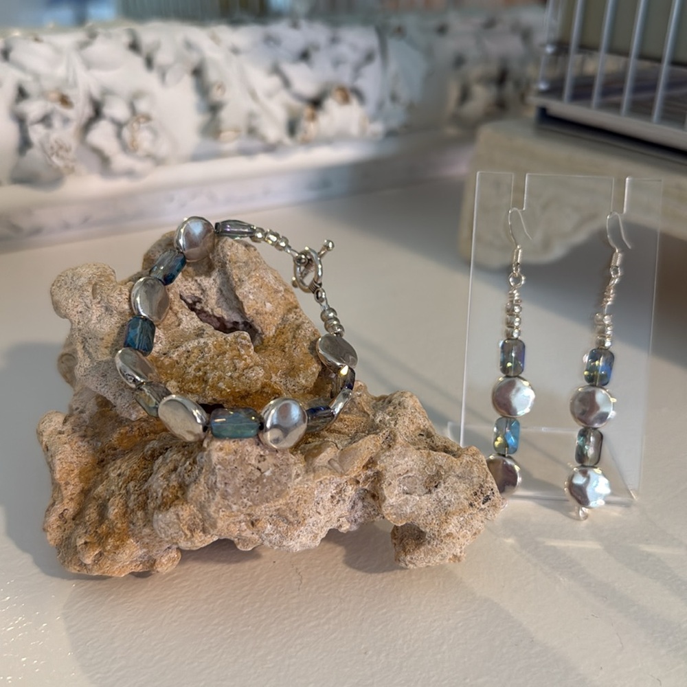 SET of Silver and Blue & Crystal Statement Earrings and Bracelet